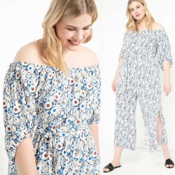 Eloquii Drama Sleeve Off Shoulder Floral Jumpsuit